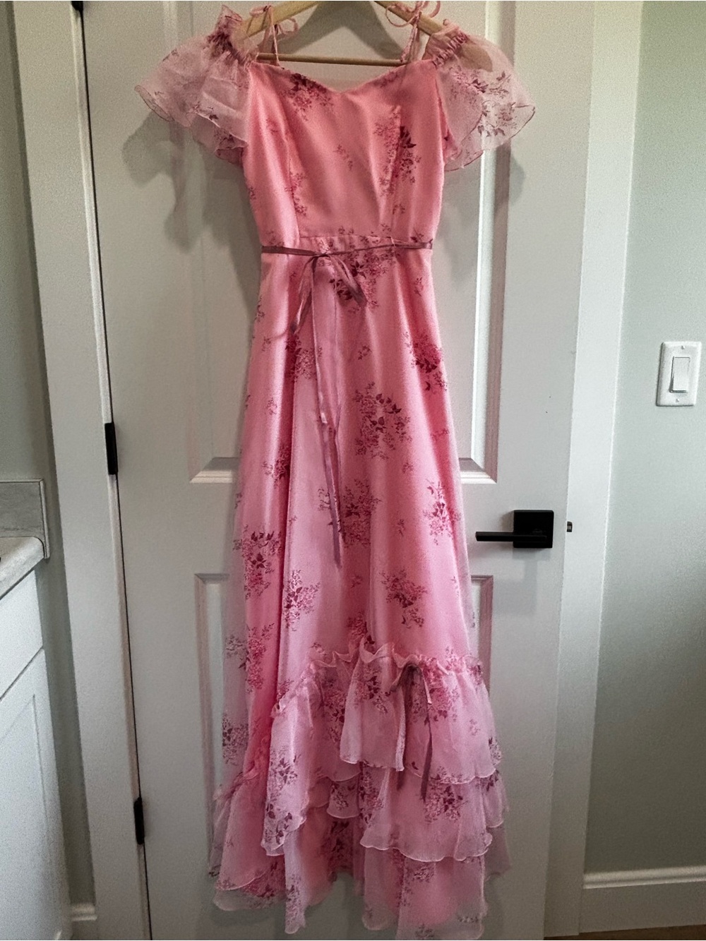 Vintage 60-70’s Pink Chiffon Floral Ruffle-Tiered Dress - Picture 2 of 9